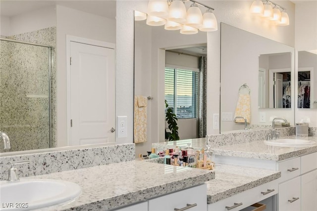 bathroom with a closet, a stall shower, and vanity