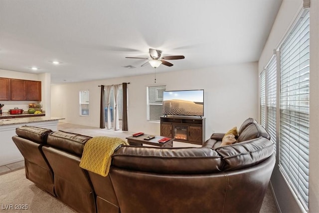 2945 Torreon Ln, Las Vegas, NV 89121 - living area with recessed lighting, light carpet, and ceiling fan