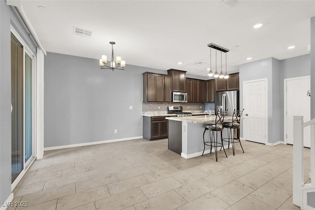 965 Nevada State Dr Unit 36102, Henderson, NV 89002 - kitchen with dark brown cabinetry, backsplash, appliances with stainless steel finishes, visible vents, and an inviting chandelier