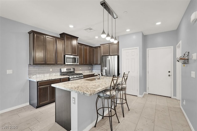 965 Nevada State Dr Unit 36102, Henderson, NV 89002 - kitchen featuring stainless steel appliances, backsplash, a sink, visible vents, and dark brown cabinetry