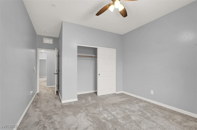 965 Nevada State Dr Unit 36102, Henderson, NV 89002 - unfurnished bedroom featuring a closet, visible vents, baseboards, ceiling fan, and carpet floors