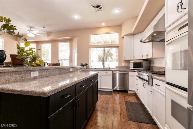 kitchen featuring white cabinetry, visible vents, under cabinet range hood, stainless steel appliances, and dark cabinetry