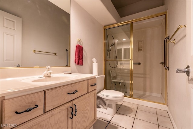full bathroom with toilet, tile patterned floors, vanity, and a shower stall