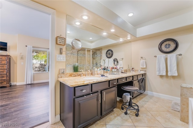2246 Cassatt Dr, Henderson, NV 89074 - full bath featuring recessed lighting, baseboards, a stall shower, and vanity