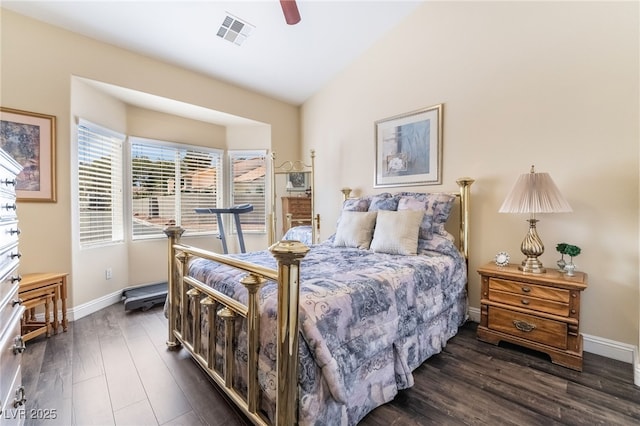 2246 Cassatt Dr, Henderson, NV 89074 - bedroom with visible vents, lofted ceiling, baseboards, and dark wood finished floors