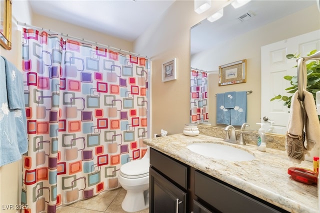 2246 Cassatt Dr, Henderson, NV 89074 - full bathroom featuring vanity, a shower with shower curtain, visible vents, tile patterned flooring, and toilet