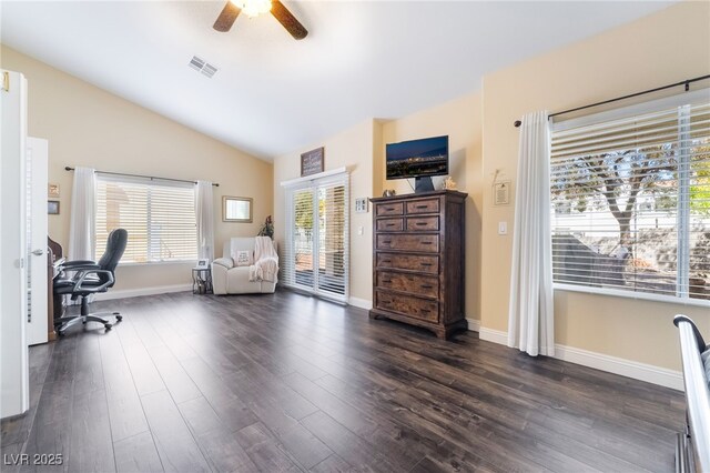 2246 Cassatt Dr, Henderson, NV 89074 - home office featuring visible vents, baseboards, ceiling fan, dark wood-style flooring, and vaulted ceiling
