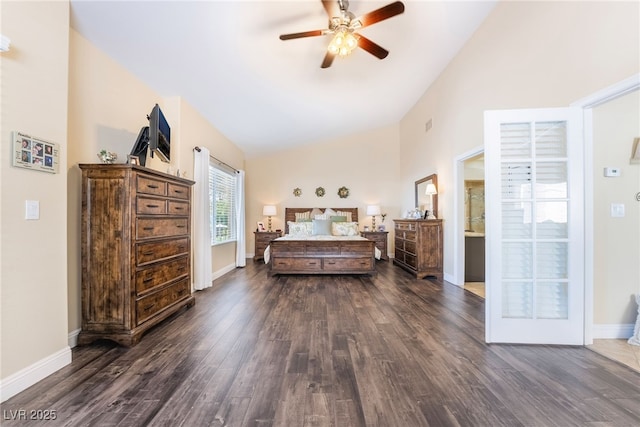 2246 Cassatt Dr, Henderson, NV 89074 - bedroom featuring baseboards, dark wood-type flooring, and high vaulted ceiling