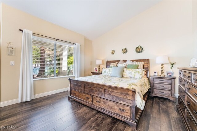 2246 Cassatt Dr, Henderson, NV 89074 - bedroom with lofted ceiling, baseboards, and dark wood-style flooring