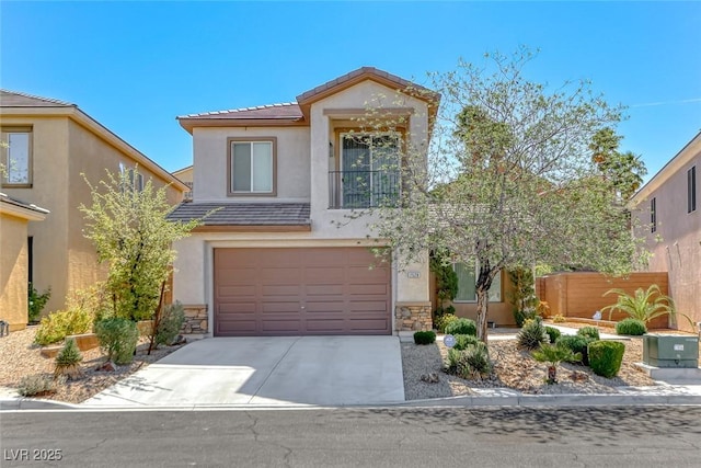 2528 Flodden St, Henderson, NV 89044 - traditional-style home with stucco siding, driveway, stone siding, an attached garage, and a tiled roof