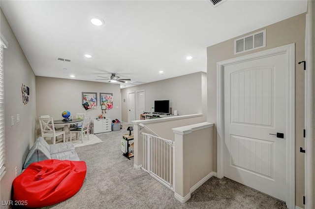 playroom featuring recessed lighting, visible vents, carpet, and a ceiling fan