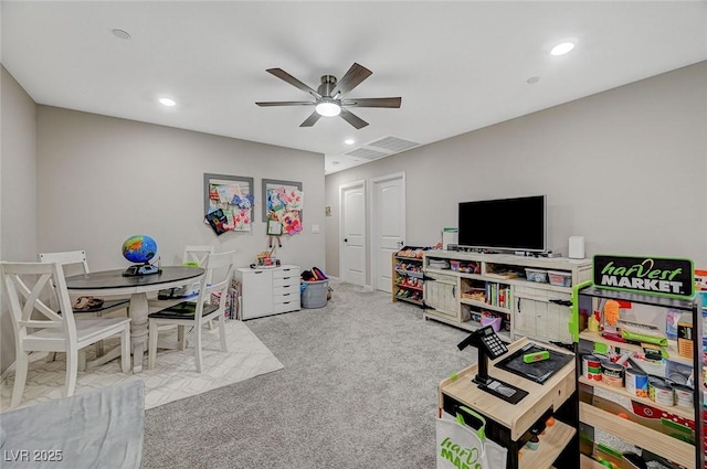 rec room featuring recessed lighting, carpet, and ceiling fan