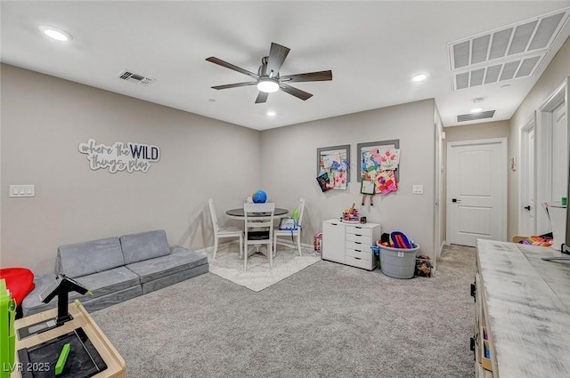 game room with visible vents, recessed lighting, a ceiling fan, and carpet