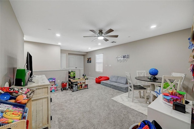 playroom featuring baseboards, visible vents, carpet floors, recessed lighting, and ceiling fan