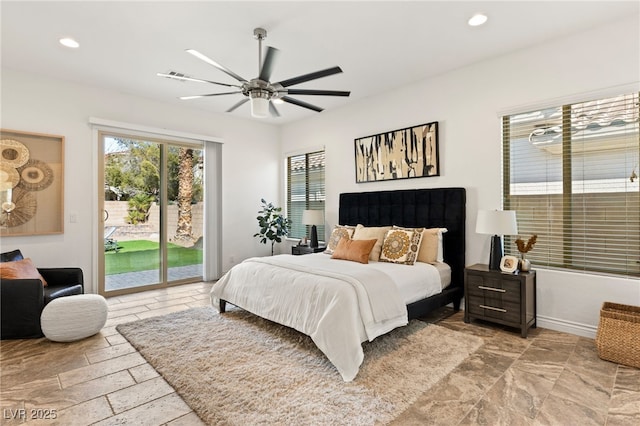 50 Carolina Cherry Dr, Las Vegas, NV 89141 - bedroom with access to outside, recessed lighting, stone tile flooring, and ceiling fan