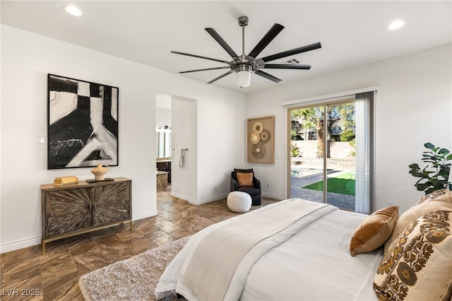 50 Carolina Cherry Dr, Las Vegas, NV 89141 - bedroom featuring access to exterior, stone finish flooring, recessed lighting, connected bathroom, and ceiling fan