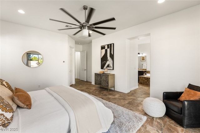 50 Carolina Cherry Dr, Las Vegas, NV 89141 - bedroom featuring recessed lighting, ensuite bath, and a ceiling fan