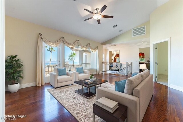 380 Claremont St, Boulder City, NV 89005 - living room with dark wood-style flooring, visible vents, baseboards, and ceiling fan