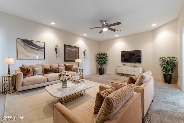 380 Claremont St, Boulder City, NV 89005 - living area with light carpet, baseboards, visible vents, recessed lighting, and ceiling fan