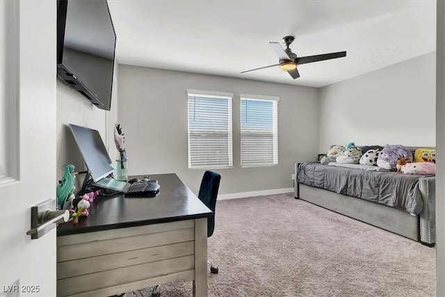 carpeted bedroom with baseboards and a ceiling fan