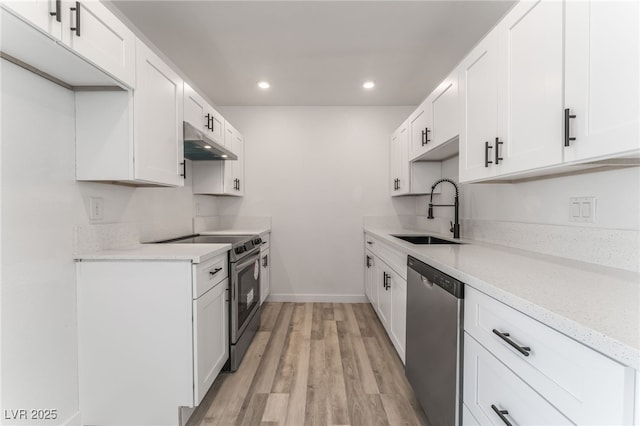 2915 Cedar Ave Unit 12C, Las Vegas, NV 89101 - kitchen featuring under cabinet range hood, light wood-type flooring, light countertops, stainless steel appliances, and a sink