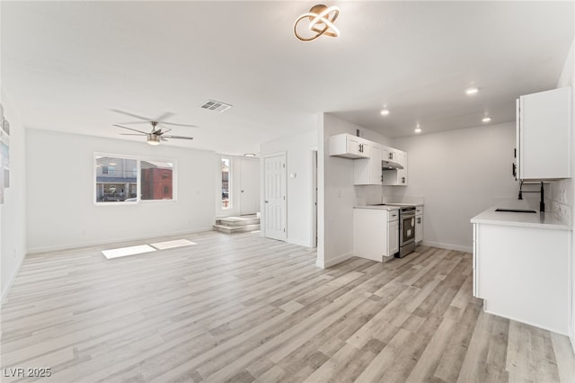 2915 Cedar Ave Unit 12C, Las Vegas, NV 89101 - interior space featuring visible vents, light wood-style flooring, a sink, stainless steel range with electric cooktop, and light countertops