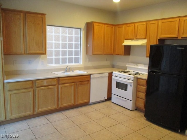 5481 Railroad River Ave, Las Vegas, NV 89139 - kitchen with white appliances, under cabinet range hood, a sink, light countertops, and light tile patterned floors