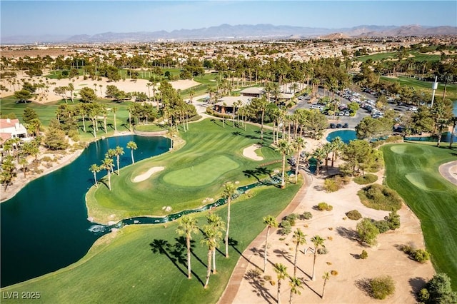 bird's eye view with a residential view, view of golf course, and a water and mountain view