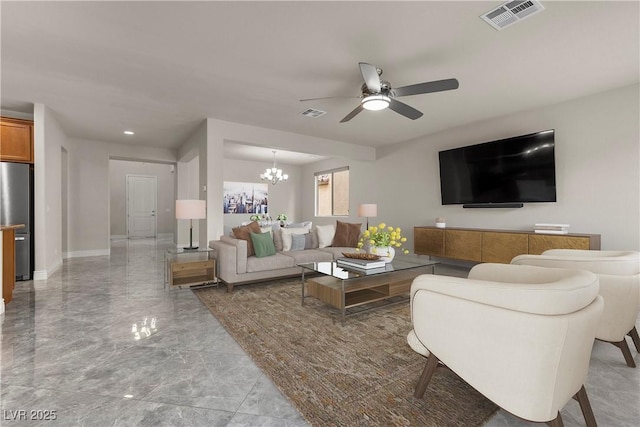 living room featuring visible vents, recessed lighting, marble finish floor, and ceiling fan with notable chandelier