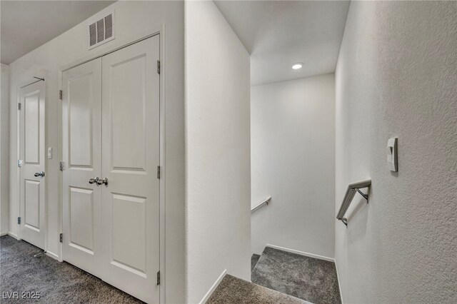 3725 Celesta Vista Ave, Henderson, NV 89044 - stairway with carpet flooring, recessed lighting, a textured wall, and baseboards