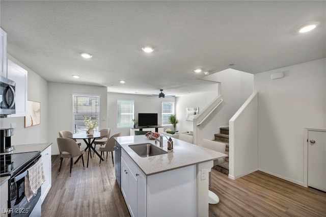 3725 Celesta Vista Ave, Henderson, NV 89044 - kitchen with a sink, stainless steel appliances, wood finished floors, ceiling fan, and open floor plan