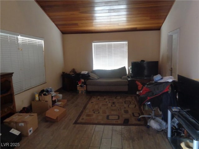 3127 Aloha Ave, Las Vegas, NV 89121 - living area featuring wood finished floors, wooden ceiling, and vaulted ceiling