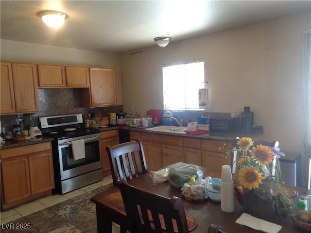 3127 Aloha Ave, Las Vegas, NV 89121 - kitchen with a sink, tasteful backsplash, and stainless steel range with electric cooktop