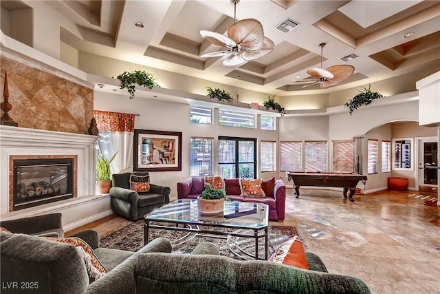 950 Seven Hills Dr Unit 814, Henderson, NV 89052 - living room featuring a towering ceiling, visible vents, a high end fireplace, and billiards