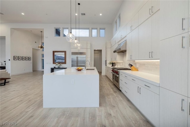 148 Tre Pietre St, Henderson, NV 89011 - kitchen featuring light countertops, high end appliances, under cabinet range hood, and a sink