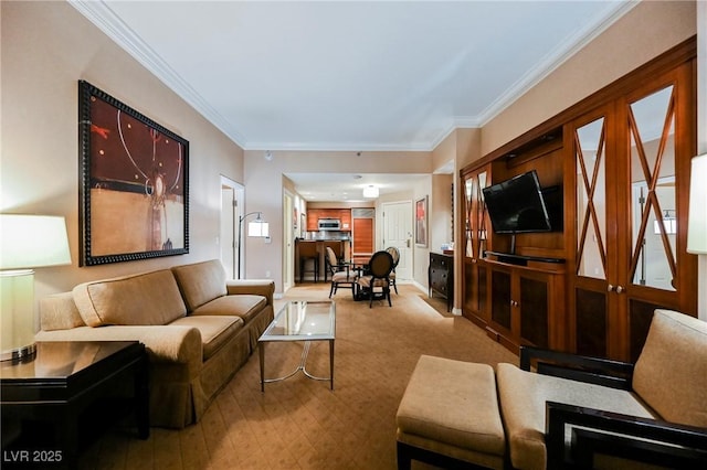 living area featuring ornamental molding