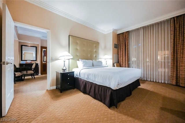 bedroom featuring baseboards, light colored carpet, and crown molding