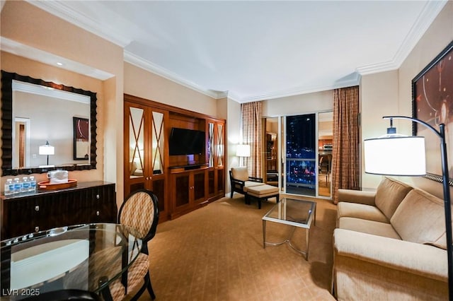 living area featuring ornamental molding