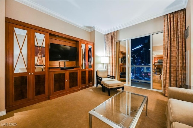 living room featuring carpet and ornamental molding