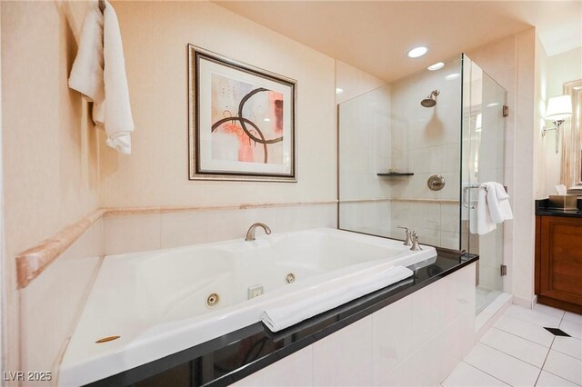 full bath with vanity, recessed lighting, a whirlpool tub, tile patterned flooring, and a shower stall