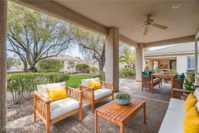 10580 Riva Grande Ct, Las Vegas, NV 89135 - view of patio featuring an outdoor living space, a ceiling fan, and outdoor dining area