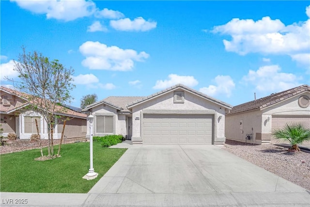 5988 Turtle River Ave, Las Vegas, NV 89156 - single story home featuring a tiled roof, an attached garage, concrete driveway, a front lawn, and stucco siding
