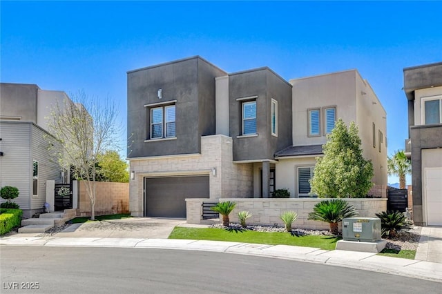 view of front of house featuring cooling unit, concrete driveway, stucco siding, fence, and a garage