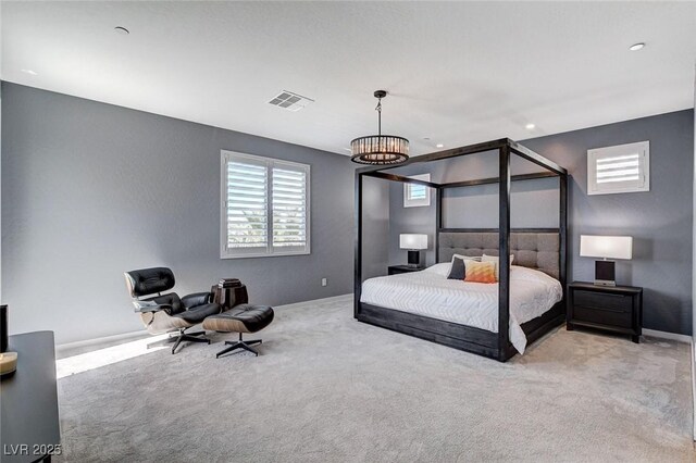 bedroom with carpet flooring, visible vents, a chandelier, baseboards, and recessed lighting