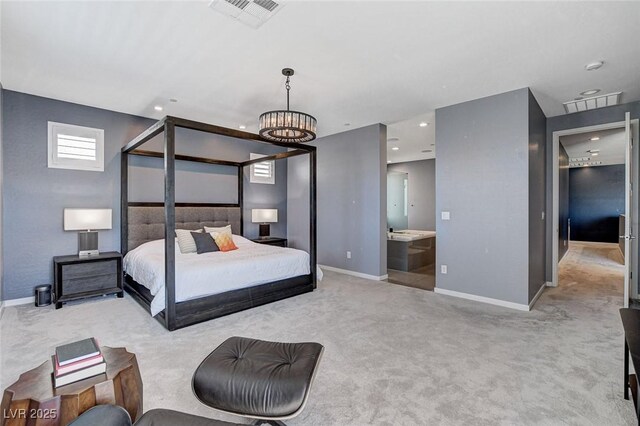 carpeted bedroom featuring baseboards, visible vents, recessed lighting, and an inviting chandelier