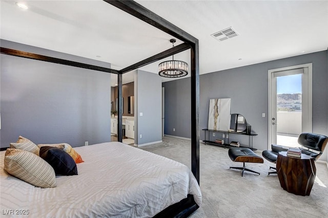 bedroom featuring light carpet, baseboards, visible vents, and beam ceiling