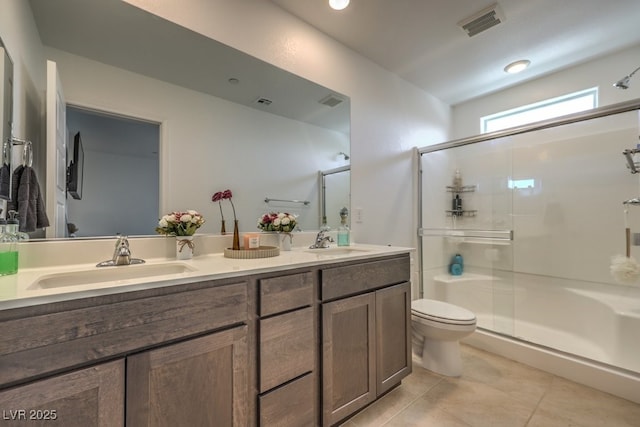 full bathroom with a sink, visible vents, toilet, and a stall shower