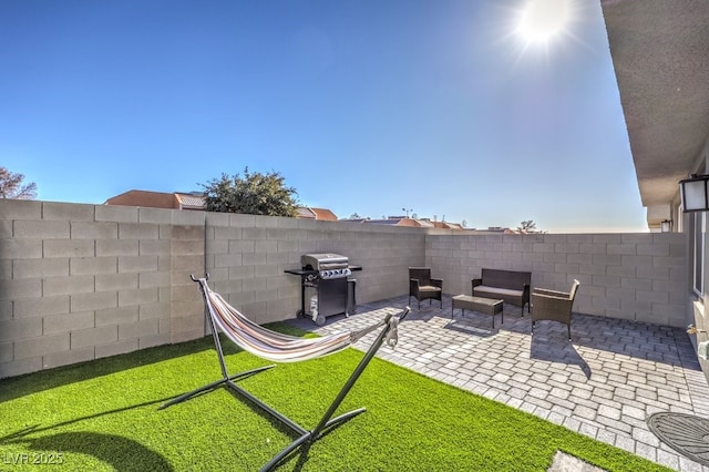 view of yard with a patio area and a fenced backyard