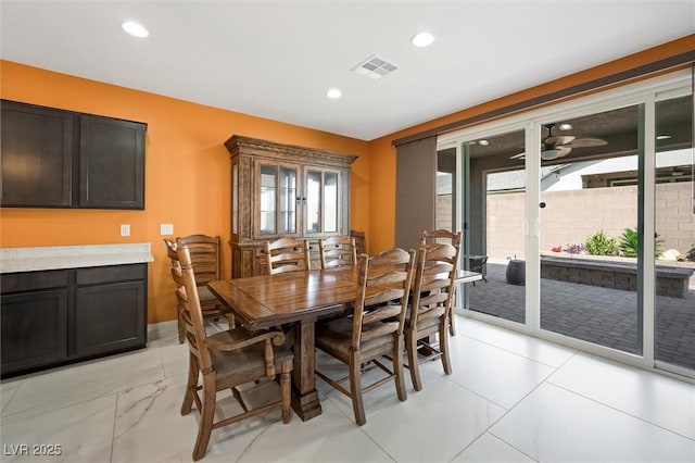 dining room featuring recessed lighting, visible vents, and plenty of natural light