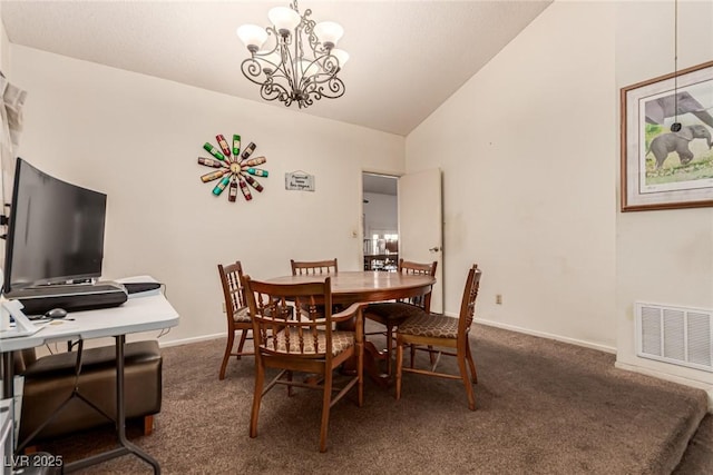 dining room featuring carpet floors, visible vents, an inviting chandelier, and vaulted ceiling